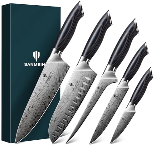 SANMEIHO Professional Kitchen Knife Set 5 Pieces, Japanese Powder Steel 63 HRC, Ultra Sharp Kitchen Knife Set 12°, Natural Wood Handle