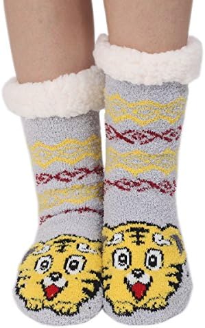 Marlong Womens Warm Soft Cute Cartoon Animals fuzzy Cozy Non-Slip Winter Indoor Slipper Socks, Tiger, One Size