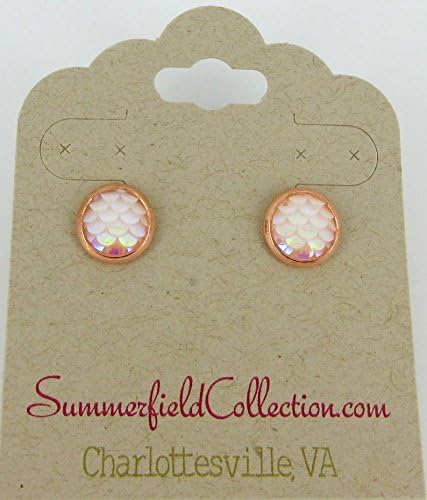 Rose Gold-tone Light Pink White AB Mermaid Scale Stud Earrings Dragon (8mm)