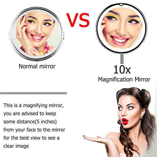 Gooseneck Magnifying Makeup Mirror, Flexible LED Lighted 10X Mirror with Suction Cup, Adjustable 360 Degree Swivel Daylight Cordless Round Vanity TravelÂ Mirror for Wall Mounted Bathroom