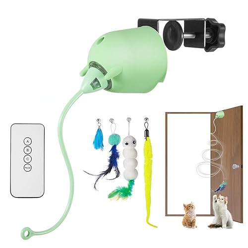 Cat Toys Interactive for Indoor, Rechargeable Toy Hanging Door Electric with 4pcs Feathers Toys for Bored Kittens (Green)