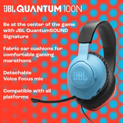 Quantum 100N, auriculares para gaming con cable y micrófono extraíble, JBL QuantumSOUND Signature, compatibles con múltiples plataformas y Windows Sonic Spatial Sound, azul y rojo