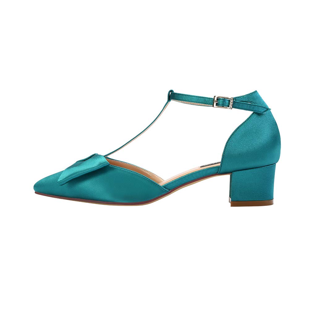 ERIJUNOR Bow Shoes Comfortable Chunky Low Heels for Women Pointy Toe T-Strap Evening Wedding Satin Shoes - Image 4