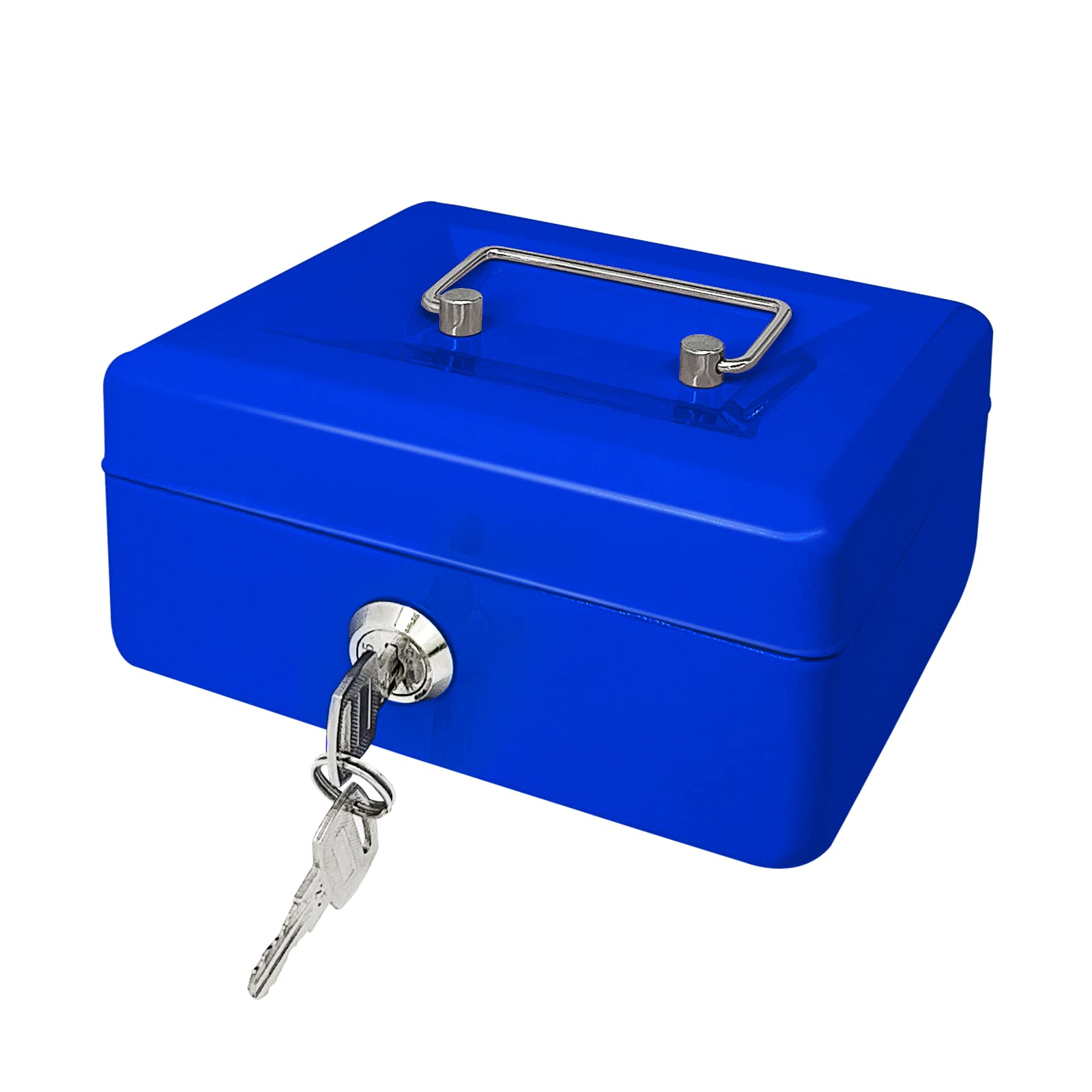 Steel Cash Box with Key Lock, Metal Small Money Organizer with Money Tray,Cash Storage Box with Lockable Cover (Blue-15 * 12 * 8 CM)