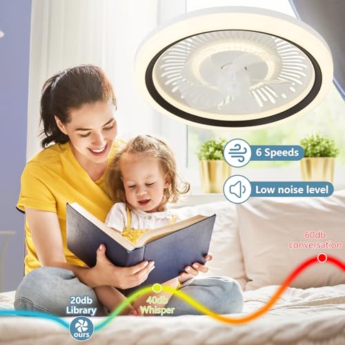 Spnoid Ceiling Fan with Lights and Remote,20'' Low Profile Ceiling Fans with Lights, Fandelier Ceiling Fan Light,DC Quiet Motor,3000K-6500K Dimmable,Modern Flush Mount Ceiling Fan for Bedroom,Black