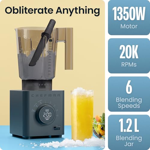 Chefman Obliterator 1.2L Smoothie Blender 1380W, Crushes Ice & Frozen Fruit | Stainless Steel Blade, Auto Blend, 600ml Travel Jar, Midnight