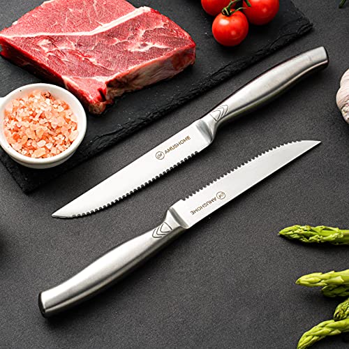 AMUSHOME Steak Knives Set of 4 Stainless Steel Steak Knife with Sharp Serrated Edge