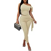 Vssjavun Women 2 Piece Outfits Sexy One Shoulder Sleeveless Crop Tops High Waist Bodycon Matching Long Pants Sets