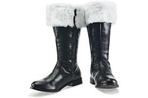 DUNHAO COS Christmas Santa Claus Boots Men's Halloween Costume Black Boots Wide Calf With White Fur