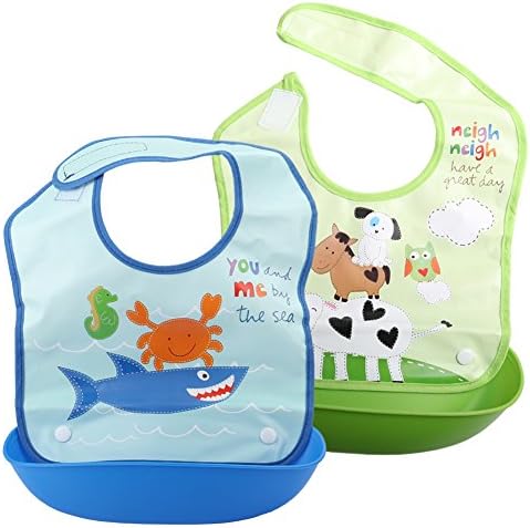 [Black Friday Deal] Waterproof Cotton Bibs for Babies with Front Pocket Easily Wipes Clean – Comfortable Soft Baby Bibs with Stain Resistance – Easy Roll-Up Quick Drying - Set of 2 Pack (Green &amp; Blue)