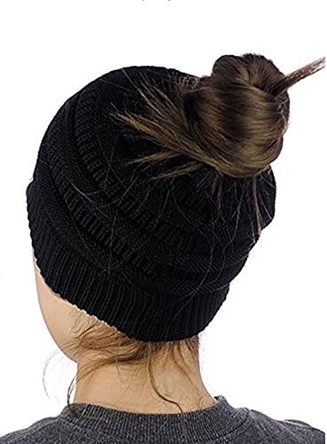 KACT Ponytail Beanies For Women Soft Beanie Hats With Ponytail Hole Knit Skullies Warm Winter Skull Caps, (Black)