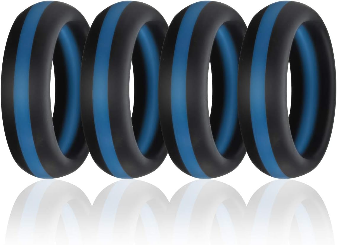 Silicone Wedding Band Ring,Flexible Comfortable Rubber Thin Blue Line Ring for Women Men,4 Pcs