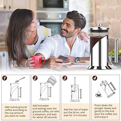 French Press Coffee Maker, Heat Resistant Borosilicate Glass Carafe with Scale, 304 Stainless Steel Bracket Coffee Press with 4-Level Filtration Structure, Dishwasher Safe, Rust-Fre, 34 Oz