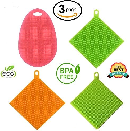 Antibacterial Silicone Sponges New Design Improved Not Stick Heat Resistant Dishwashing Brush Scrubber for Kitchen Supplies Multi Purpose Fruit Household Cleaning 2 square 1 oval Sponge (Pack of 3)