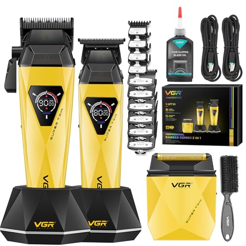 VGR 877S3 Professional Men's Hair Clipper Set, Titanium Coated Cordless Shaver, Trimmer Finish Set with 8000/9000 RPM Motor, Men's Hair Styling Kit with Charging Station, LED Display, Gold