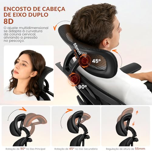 Cadeira Ergonomica,Cadeira Escritorio FivDaily L780, Giratória Reclinável 145°, Encosto Elevável Ajustável, Lombar Flutuante, Cabeça 8D, Braços 5D, Base Aço, Apoio para Pés para Home Office (Preto)