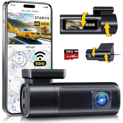 Car Dash Cam, Dual 4K 60fps+2.5K, 5G WiFi Car Camera with SD 64G, 1.47 Inch IPS Screen, GPS, Super Night Vision, G-Sensor, Loop Recording, HDR, 360° Rotating, Max 512GB