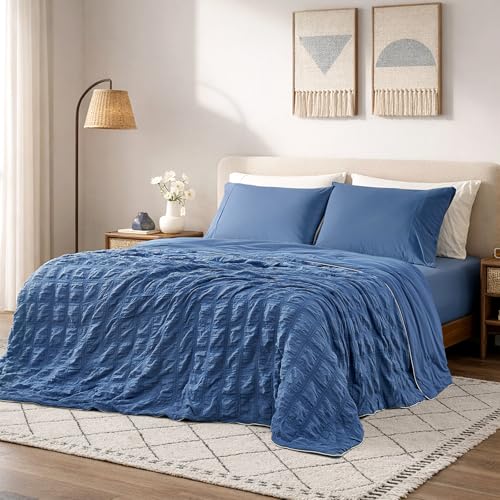 Cozy Bliss Cooling Comforter Seersucker Plaid Full Size, Q-Max 0.45 Lightweight Cooling Blanket, Breathable Silk Smooth Summer Bedding Quilt for Hot Sleepers Night Sweats Denim Blue