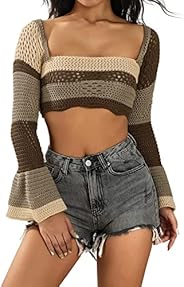 Women' s Y2K Crochet Crop Top See Through Hollow Out Sweater Pullover Long Sleeve Knit Color Block Casual 