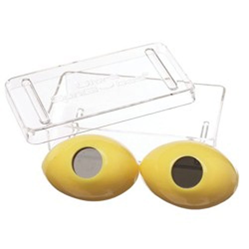 Sun Globes Tanning Bed Eyewear. A single pair of yellow tanning goggles with a clear plastic case behind them.