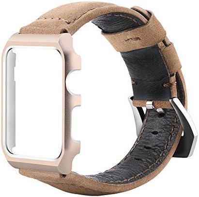 LOYUT Watch Band Leather Replacement Band with Metal Clasp＋Metal Watch Case Protective Cover for Apple Iwatch Series 1/2 (38Retro gold-Retro gold Frame)