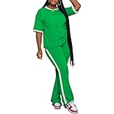 PINSV 2 Piece Sets for Women Summer Casual Short Sleeve Top and Flare Pants Lounge Sets