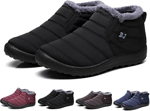 AMDOLE Women and Men Winter Warm Snow Boots Ladies Waterproof Slip On Hiking Walking Boots Outdoor Fur Lined Ankle Booties Shoes Black 5