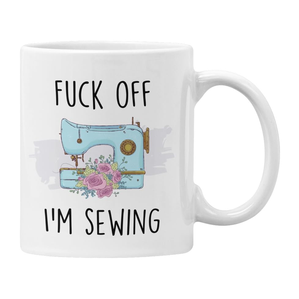 F**k Off I'm Sewing Mug Gift for Her, Funny Profanity Cup (White)