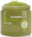 Spirulina Exfoliating Body Scrub, 100% Natural with Organic Hawaiian Spirulina Powder, Blue Green Algae Superfood Antioxidant Scrub for Face & Body - by Pure Body Naturals, 12 Ounce
