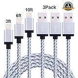 EverDigi Lightning Cable Nylon Braided 8Pin iPhone Charging Cable Cord 3Pcs 3FT 6FT 10FT iPhone Charger Compatible with iPhone 7 7+ 6s 6s+ 6+ 6 5s 5c 5 iPad Mini iPad Air iPad5 iPod iOS10(White)