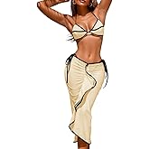 EHSUYAB Women Sexy 3 Piece String Bikini Set, Low Rise Fishtail Skirt Cover Up Beach Vacation, Halter Triangle Thong Swimsuit