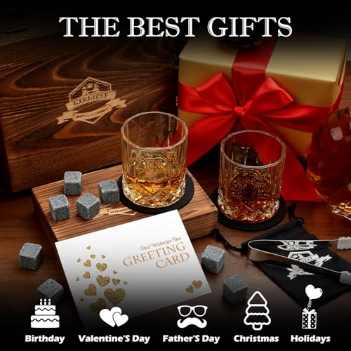 exreizst Juego de Vasos para Whisky de Regalo, con 2 Vasos para Whiskey, Rocas de Whisky – Juego de Caja de Bourbon escocés, Ideal Regalos para Hombres,Papá, Novio,Marido,Cumpleaños Navidad