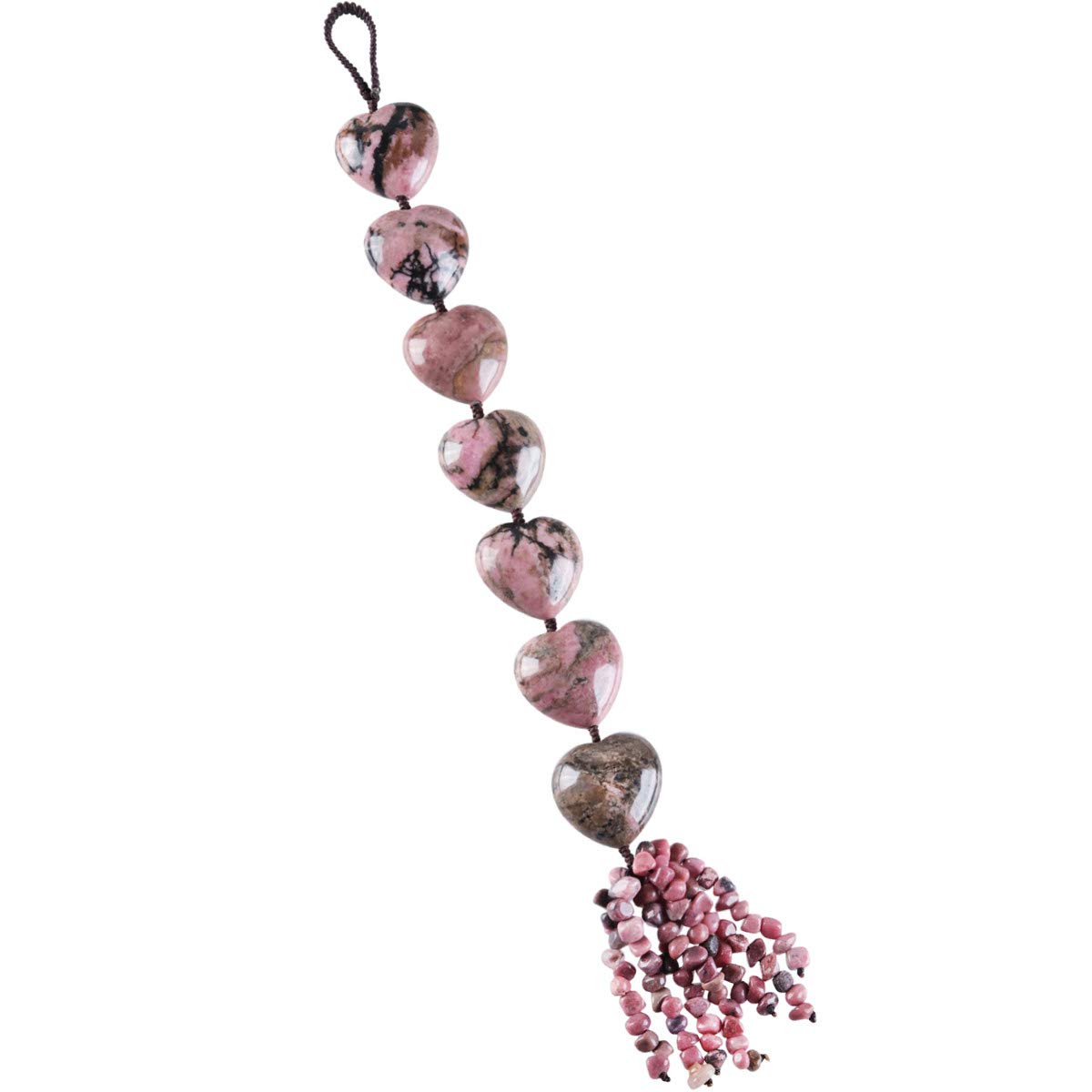 Nupuyai Rhodonite Heart Crystal Stone Hanging Ornament, Spiritual Healing Tumbled Gemstones Good Luck Fengshui Ornament for Car Home Decor, Reiki Yoga Meditation, 30-32cm