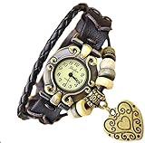 Boho Chic Vintage Inspired Leather Rope Bracelet Watch With Heart (Coffee)