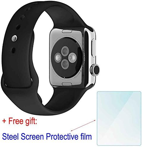 ZhenYue 42mm Soft Silicone Sport Style Replacement Strap Bands for Apple Wrist Watch Iwatch Series 1 Series 2 Band (Black S+M)+Free Steel Screen Protective Film