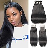 FASHION QUEEN Hair Straight Weave 7A Brazilian Virgin Hair 3 Bundles with Lace Closure Free Part Mixed Size Length Perfect for Natural Color Hair Weft(12 14 16 +10)