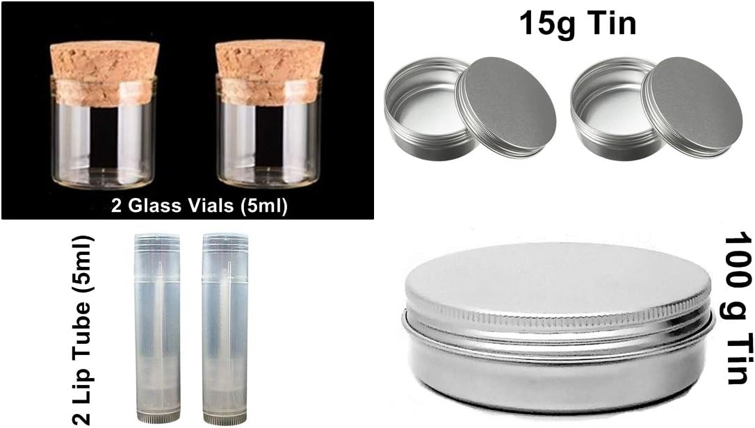 Green Junction DIY Accessory Set (2 Empty Glass Vials + 2 Empty Lip Balm Tubes + 2 Empty Tins 15 ml+ 1 Empty Tin 100 Gms