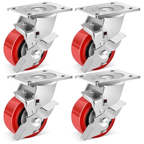 Photo 1 of Nefish 4 Inch Heavy Duty Casters Wheels, Industrial Grade Polyurethane Casters Set of 4 with Dual Ball Bearing, Solid Polyurethane Wheel 2500 Lb, Plate Swivel Casters for Cart, Industrial, Machine
