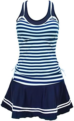 Landcity Swimsuits Two Piece Set Women Padded Inserts Striped Nylon Backless Bathing Suits With Skirt-Blue (XX-Large)