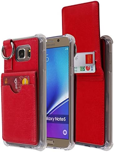 Galaxy Note 5 Wallet Case,[Pocket Ring Bumper] Credit Card Case [Kick Stand] Protective Hybrid Case [Key Ring Holder] with 3 Cards Slot Wallet for Galaxy Note 5 (Red)