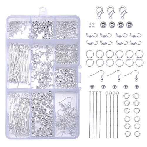 HooAMI About 490pcs Silver Jewelry Finding Sets Open Jump Rings Lobster Claw Clasp Beads Earring Hook Eye Pin Calottes End Crimps