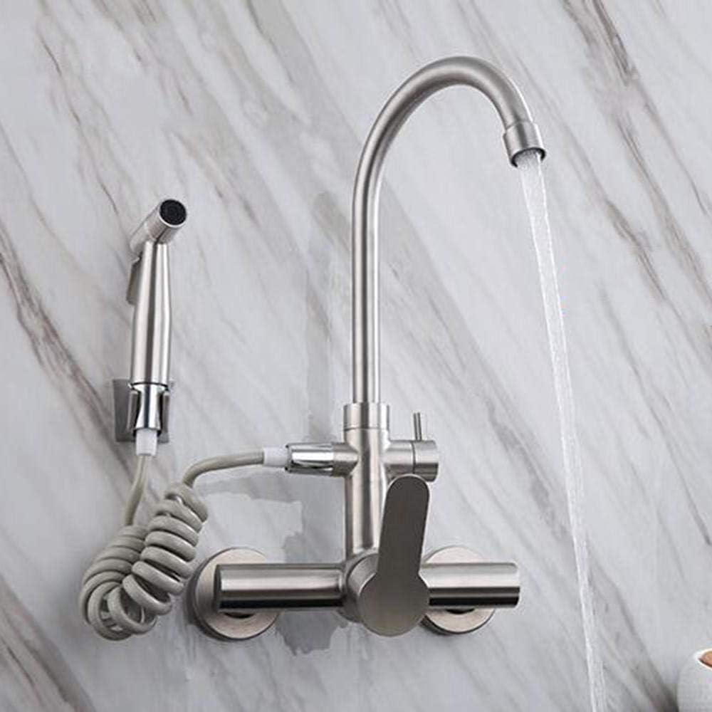 Wall Mounted Kitchen Faucet Stainless Steel, Brushed, Hot and Cold, 360