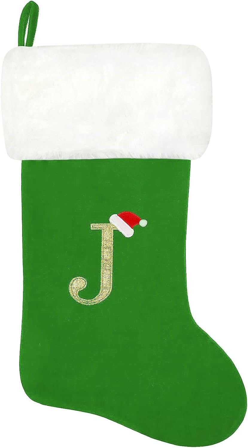 Stockings & Holders - SherryDC Personalized Letter Christmas Stockings, Soft Velvet Plush Cuff Embroidered Xmas Stockings Decorations for Family Holiday Season Decor(Letter J)