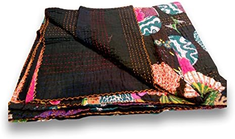 Fruit Reversible Bedspread Pattern Black Gudri Pure Cotton Kantha Style Queen Size Quilt Bed Spread 90 X 108 ”