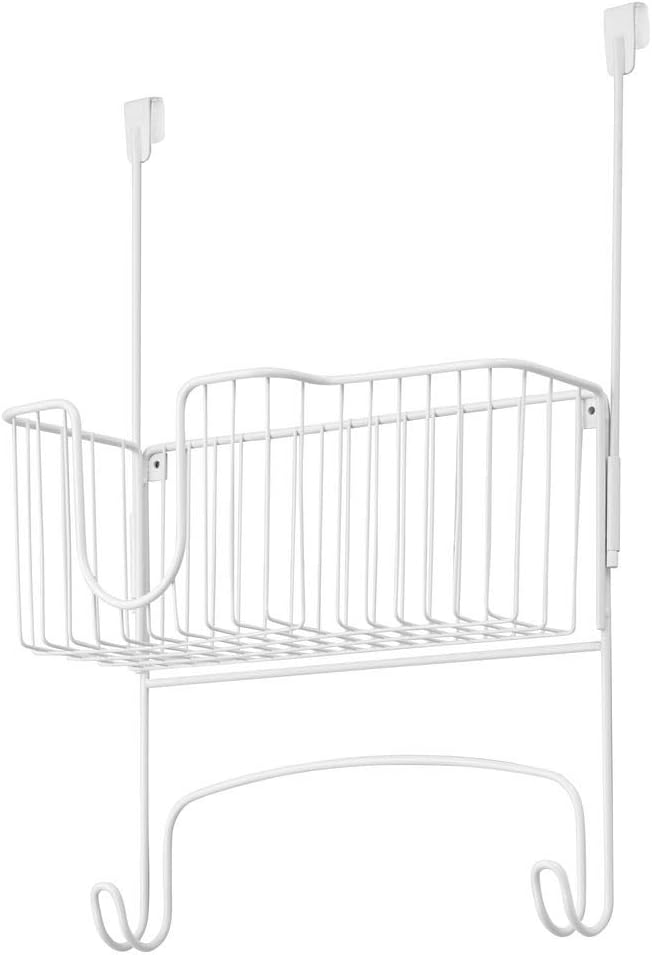 mDesign Metal Over Door Ironing Board Holder with Large Storage Basket - Holds Iron, Board, Spray Bottles, Starch, Fabric Refresher - for Laundry, Utility Room, Garage - White: Home & Kitchen