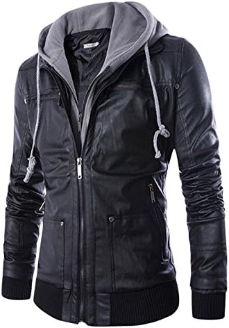 CLJJ7 Men's Slim Hooded Moto Biker PU Leather Outerwear Jacket Coat (Medium, Black)