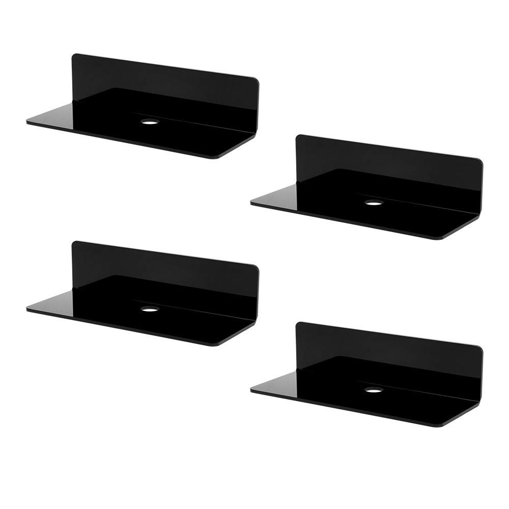 Photo 1 of IEEK 4 PCS Small Acrylic Floating Wall Shelves,9 Inch Adhesive Display Shelf for Nintendo Switch/Smart Speaker/Security Cameras/Action Figures, No Damage Expand Wall Space, Black