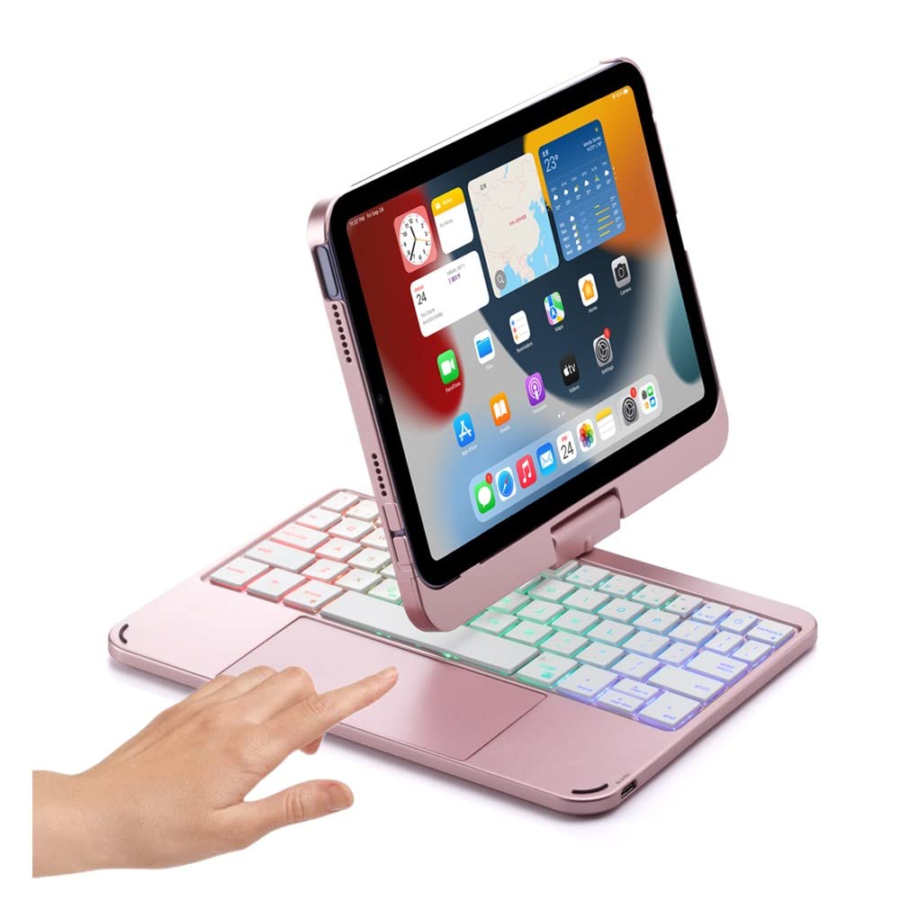 HENGHUI 360 Rotatable Touch Keyboard for iPad Mini A17 Pro/iPad Mini 6th Generation Backlight Keyboard Built‑in Trackpad, Bluetooth Foldable Keyboard Cover (Rosegold)