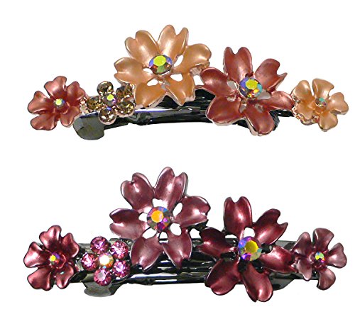Set of 2 Small Flower Barrettes, One Each of 2 Colors, French Clip Clasp YY86400-12peach-winered