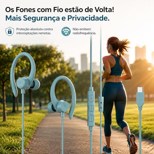 Fone de Ouvido Esportivo com Fio USB Tipo C. Intra-Auricular com Gancho, Microfone Integrado e Controle de Volume – Ideal para Corrida, Academia e Caminhadas (Preto, USB-C)